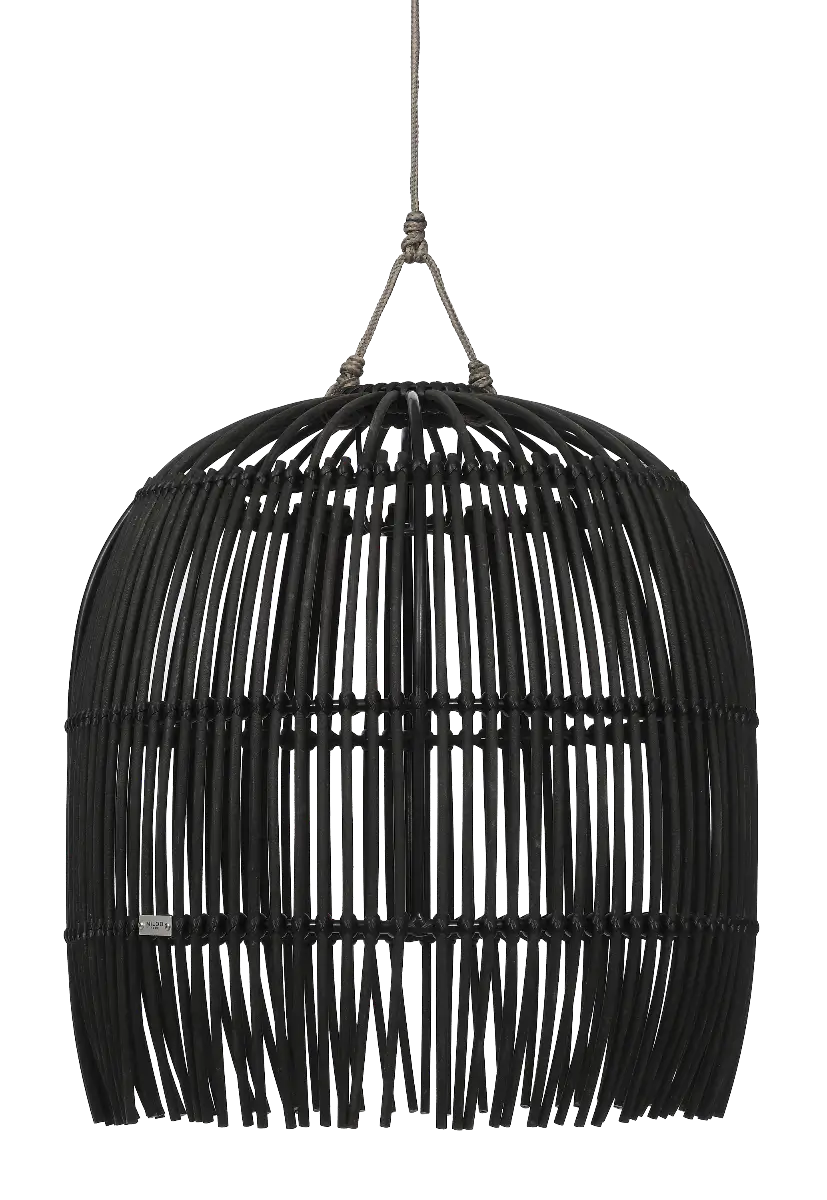 Nowoczesna lampa wisząca z czarnym szkieletem w kształcie kopuły. Przewody ułożone są pionowo wokół kopuły, tworząc otwarty, przestronny wygląd, przez który przenika światło. Zawieszony jest na cienkim kablu i charakteryzuje się minimalistycznym wyglądem.