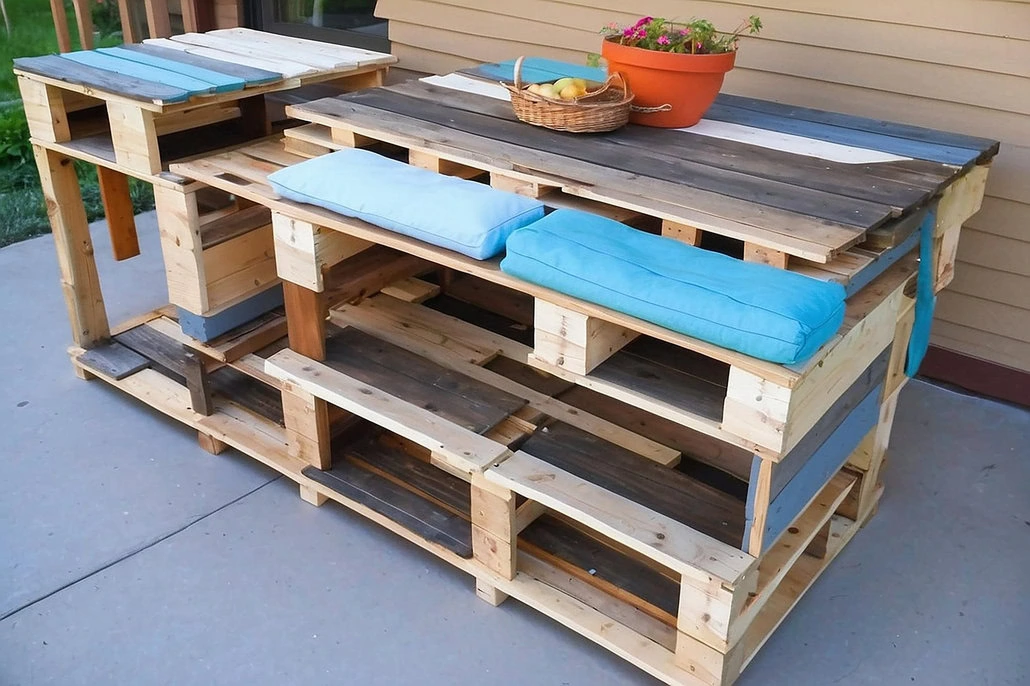 Rustykalny zestaw ogrodowy wykonany z drewnianych palet, składający się ze stołu z doniczkową rośliną i miską owoców na górze oraz ławek z niebieskimi poduszkami. Ten projekt mebli paletowych DIY jest umieszczony na betonowym patio przed drewnianą ścianą. 