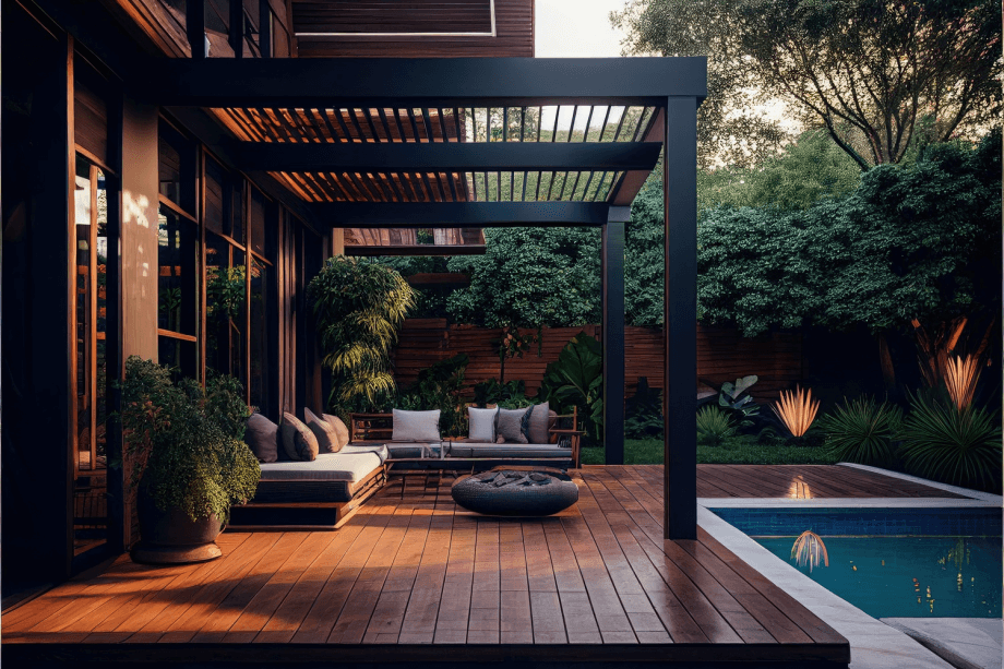 patio z basenem wieczorem