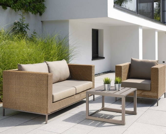 taras z płytek a na nim komplet ogrodowy