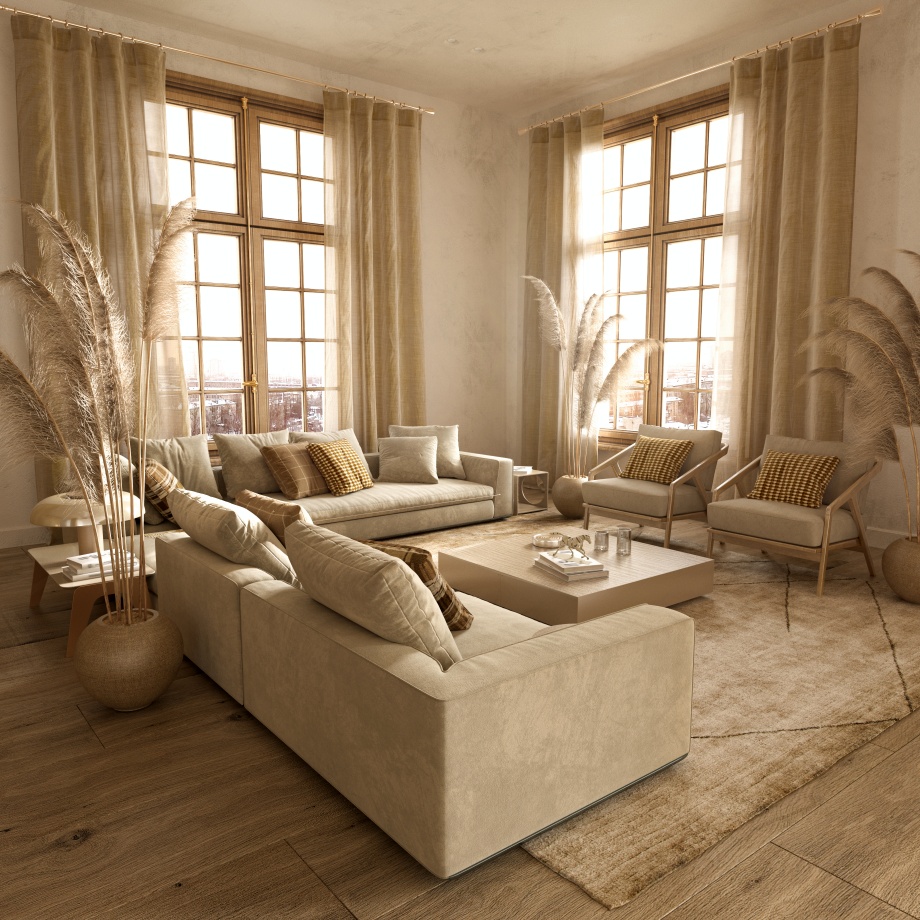 salon w stylu japandi w odcieniach brązu