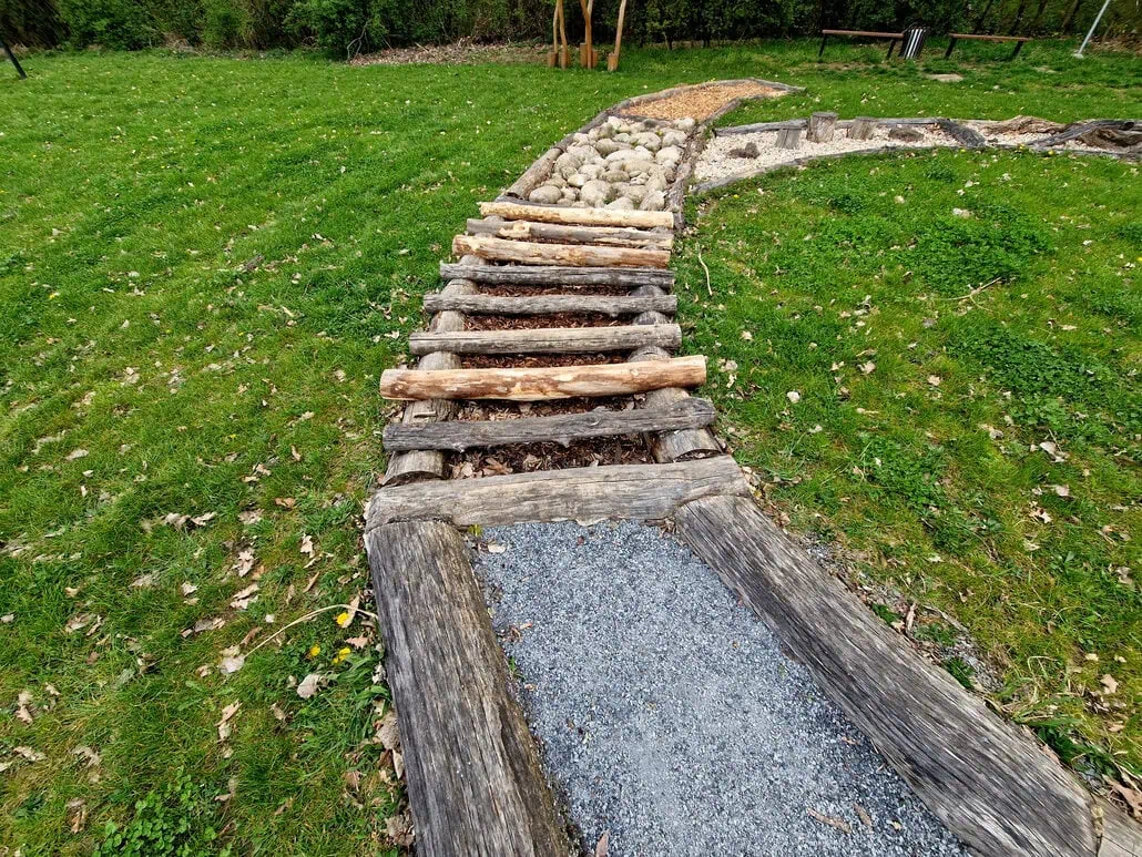 Ścieżka przyrodnicza ze żwirową ścieżką przechodzi w rustykalną kładkę wykonaną z drewnianych bali, prowadzącą do trawiastego obszaru otoczonego drzewami i skałami.