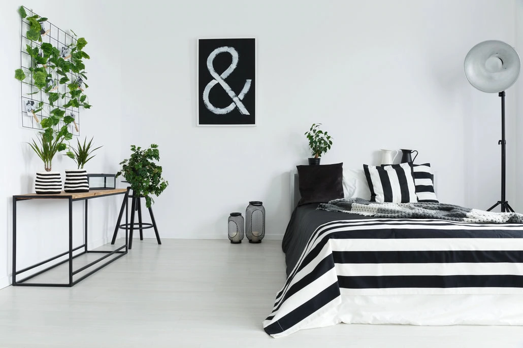 Minimalistyczna sypialnia z czarno-białą pościelą w paski, roślinami draceny na metalowym stoliku konsolowym i dużym symbolem „&amp;” na ścianie. W rogu stoi lampa studyjna, tworząc nowoczesny, monochromatyczny wygląd