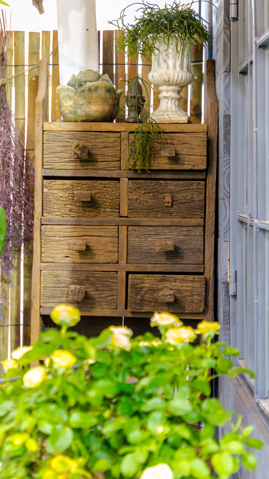 stara apteczka z półkami w ogrodzie