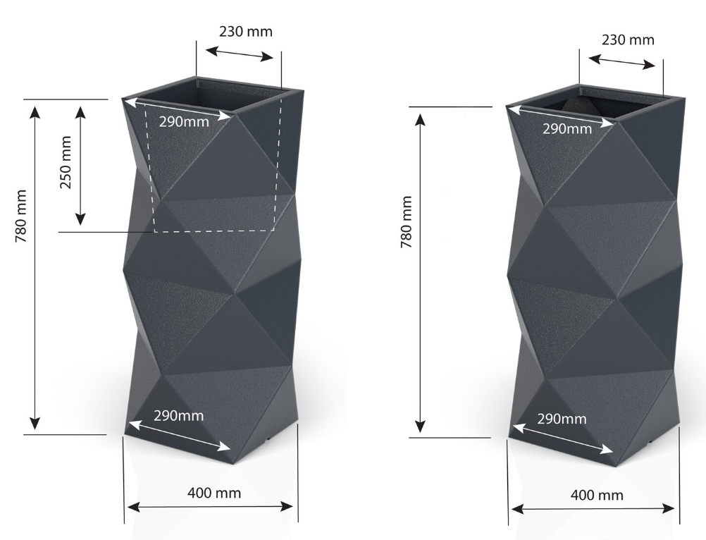 Wymiary designerskiej donicy świecącej Asti